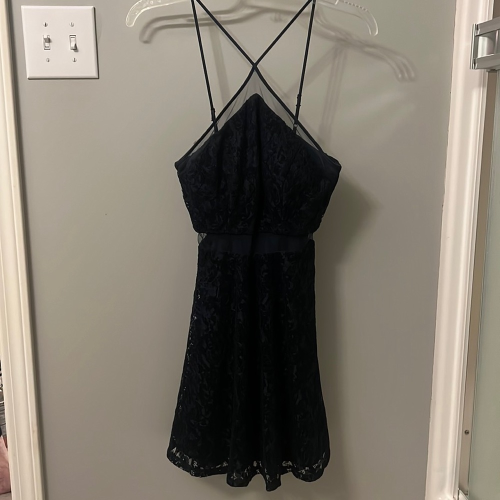 Navy halter neck floral lacy mini dress.